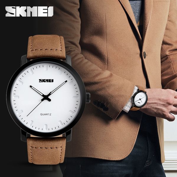 

skmei brand new fashion brown leather strap watches men quartz watch waterproof men wristwatches, Slivery;brown