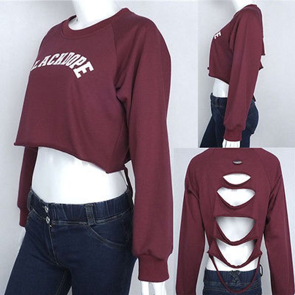 

new fashion women casual long sleeve cotton exposed navel print sweatshirts pullover, Black