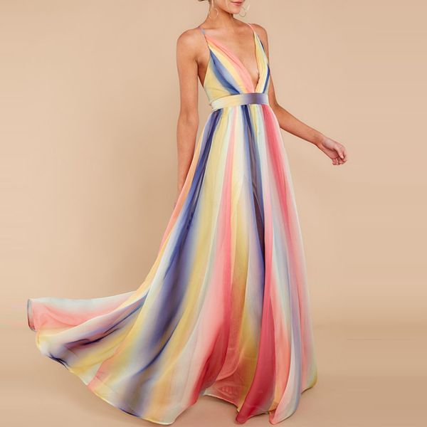 

rainbow striped maxi dress backless party dress spaghetti strap chiffon boho long beach robe longue femme ete, Black;gray