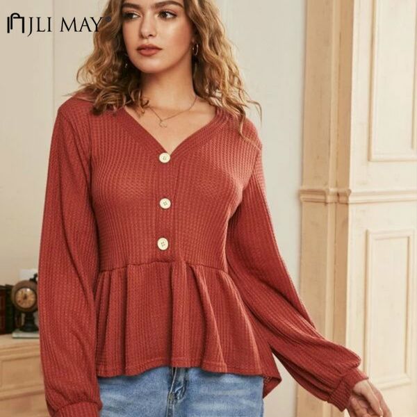 

jli may women solid sweaters autumn winter cotton v-neck waist ruffled hem long sleeve button sweater office lady, White;black
