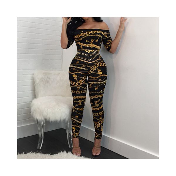 

womens designerfashion jumpsuits for summer tight-fitting chain print one-shoulder jumpsuits womens designer fashion jumpsuits rompers, Black;white