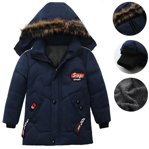 

2019 winter children's clothing boy cotton padded warm fleece jacket parkas kids fur hooded thick coat boy baby long coat, Blue;gray