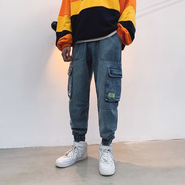 

autumn new jeans men fashion wash retro casual multi-pocket tooling jeans man streetwear hip-hop loose denim trousers -5xl, Blue