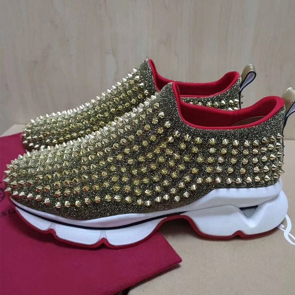 

2019 high grade fashionable non-slip thick bottom men women casual shoeschanel spikes rivets rhinestone shock absorption walking sneakers, Black