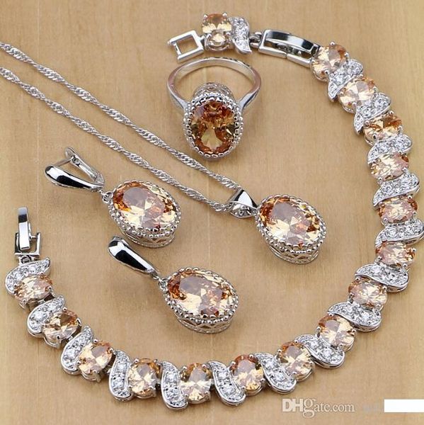 

luxury jewelry s925 sterling silver bridal jewelry champagne zircon jewelry sets for women earrings pendant necklace rings bracelet, Slivery;golden
