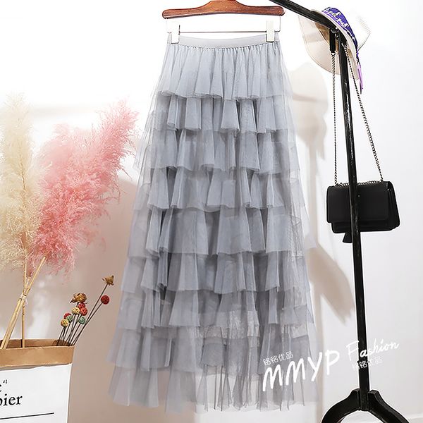 

2020 new spring summer women skirt vintage casual fashion layer ruffles pleated tulle slim fit mesh hight waist long skirt, Black;gray