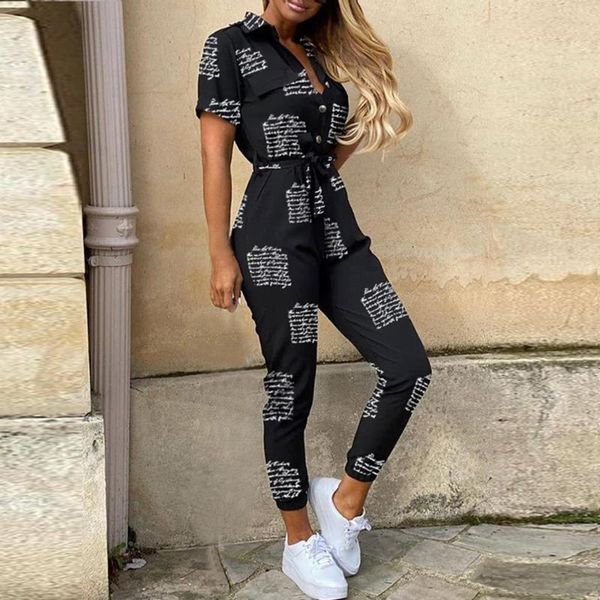 

new letter print jumpsuit women summer 2020 deep v neck button shirt overalls short sleeve office lady one piece romper belt, Black;white
