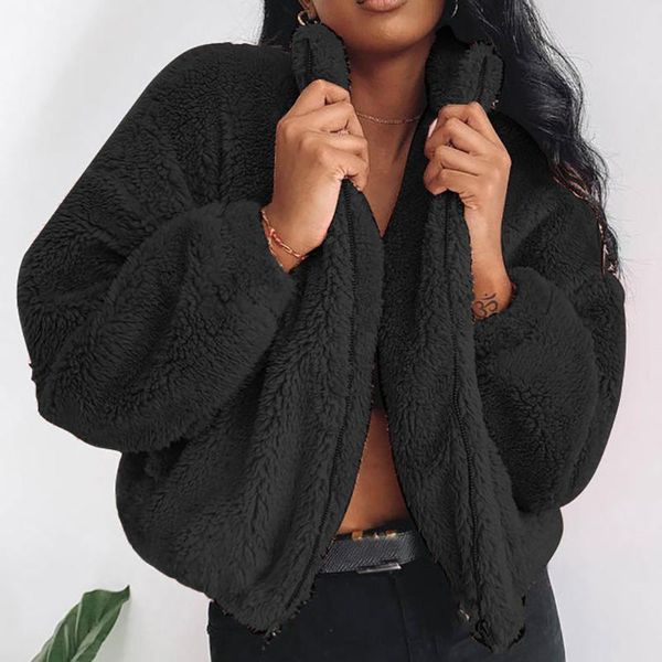 

jaycosin faux fur coat women 2019 winter warm soft stand collar zipper fur jacket female short plush overcoat casual teddy coats, Black