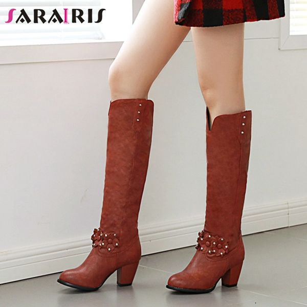 

sarairis 2019 new plus size 34-48 trendy retro western boots ladies decorating knee high boots women high heels shoes woman, Black