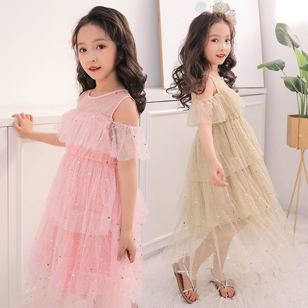 

korean girls dress summer short sleeve beautiful princess costume teenage lace petal sleeve dresses children clothing 2020 new t200424, Red;yellow