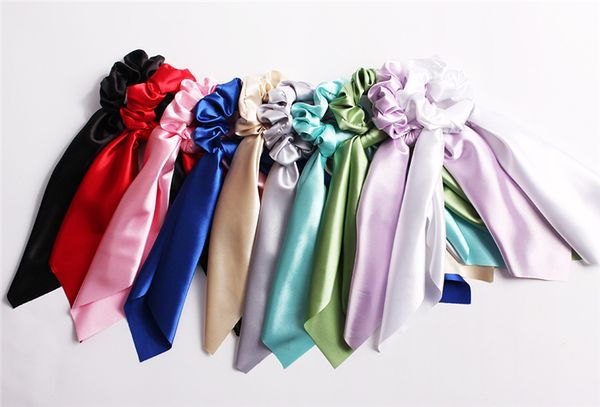 

ins 10 colors vintage hair scrunchies bow women accessories hair bands ties scrunchie ponytail holder rubber rope decoration satin bow fj644, Slivery;white