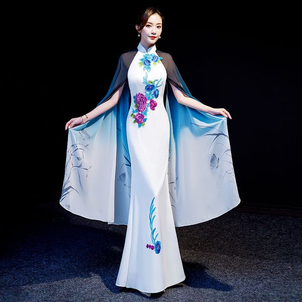 

print floral chiffon sleeve mermaid dresses qipao lady with satin appliques maxi evening dress chinese traditional vestidos, Red