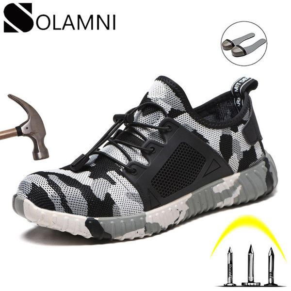

camo steel toe mens work shoes safety anti-smashing light outdoor work boots breathable mesh sneakers construction shoes, Black