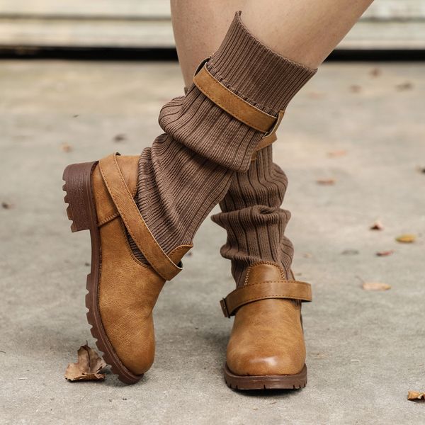 

leather fashiion platform round head short shoes women keep warm shoes leather booties buckle strap boots round toe #4gh, Black