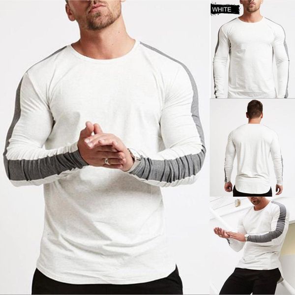 

2019 new style fashion men's slim fit round neck long sleeve cotton patchwork tee casual t-shirt, White;black