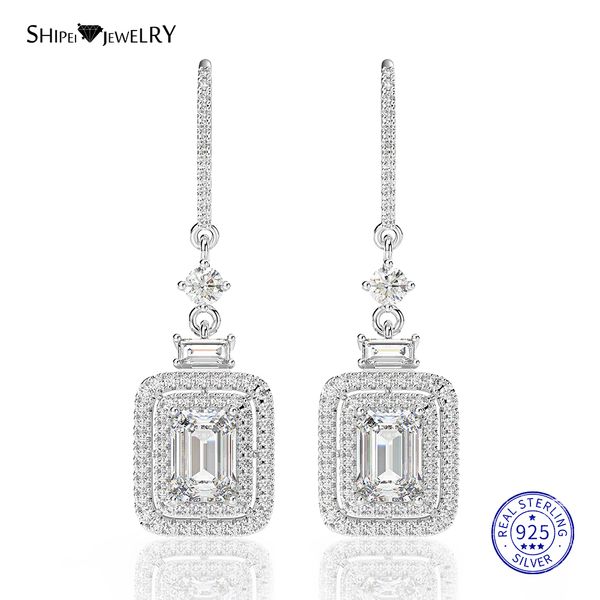 

shipei emerald cut white sapphire drop earrings jewelry earrings 2019 real square gemstone drop silver 925 jewelry, Golden;silver