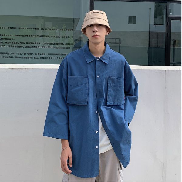 

2019 autumn new korean men's simple retro super loose three-dimensional pocket seven-point sleeve fashion casual shirt, White;black