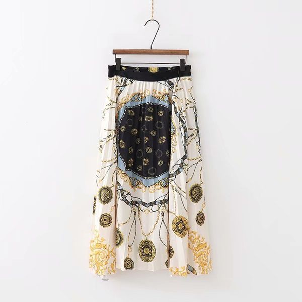 

designer women skirts women new vintage totem print pleated midi skirt faldas mujer side zipper casual chic patchwork brand skirts qun129, Black