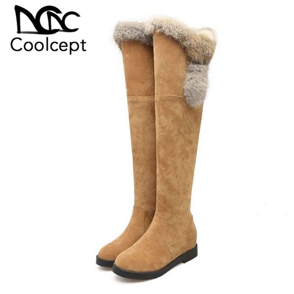 

coolcept 2020 new over the knee boots for women winter warm fur long boots solid color round toe flats shoes woman size 34-43, Black