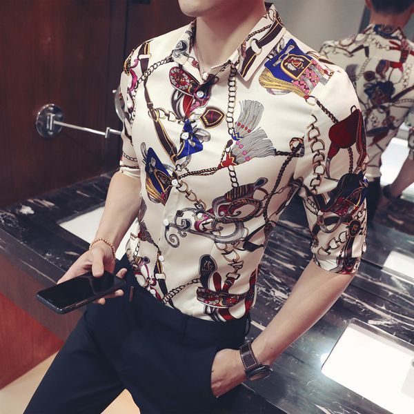 

male totem flower shirt large size safflower half turn-down collar england regular print single breasted five sleeve shirts, White;black