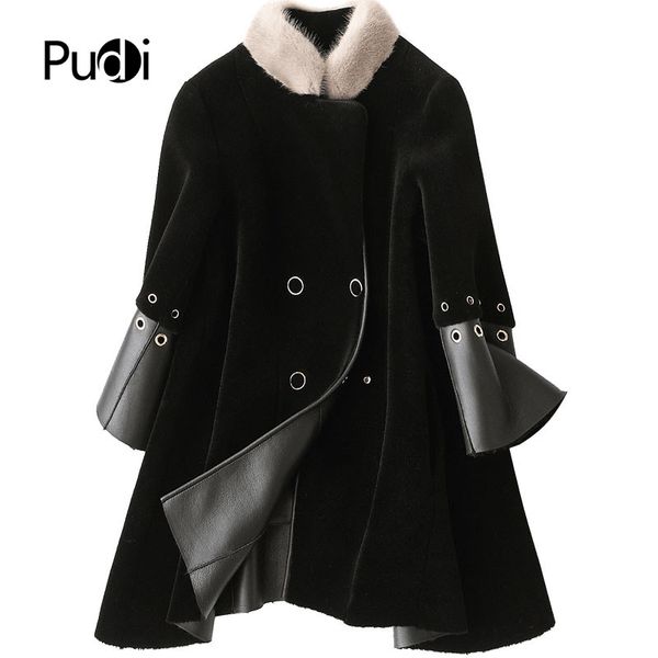 

pudi a17996 women's winter real wool overcoat warm jacket real fur girl coat lady long jacket overcoat, Black