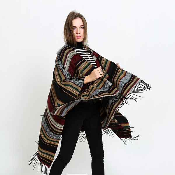 

wholesale- european and american new female color stripes selling double-sided split large shawl cloak designer scarf 150*130cm, Blue;gray