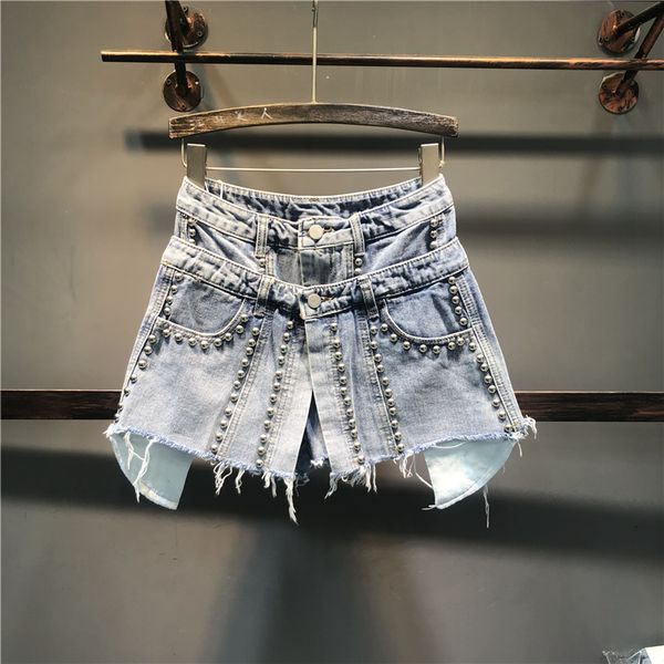 

european station summer 2019 new personality fake two jeans shorts personality pearl skirt pants broad-legged pants, White;black