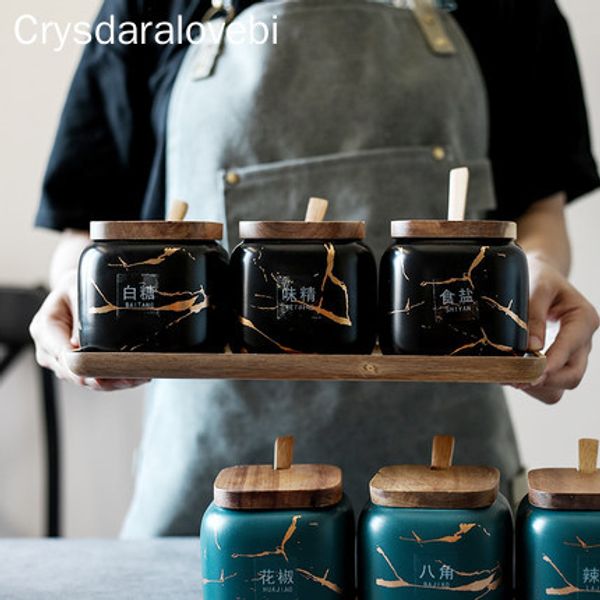 

nordic creative ceramics marble spice jar salt seasoning household kitchen storage box three-piece suit wooden pallets