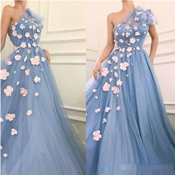 Небесно-голубые платья для выпускного вечера на одно плечо, розовая D с цветочной аппликацией, тюль, вечернее платье на заказ, вечерняя одежда с аппликацией