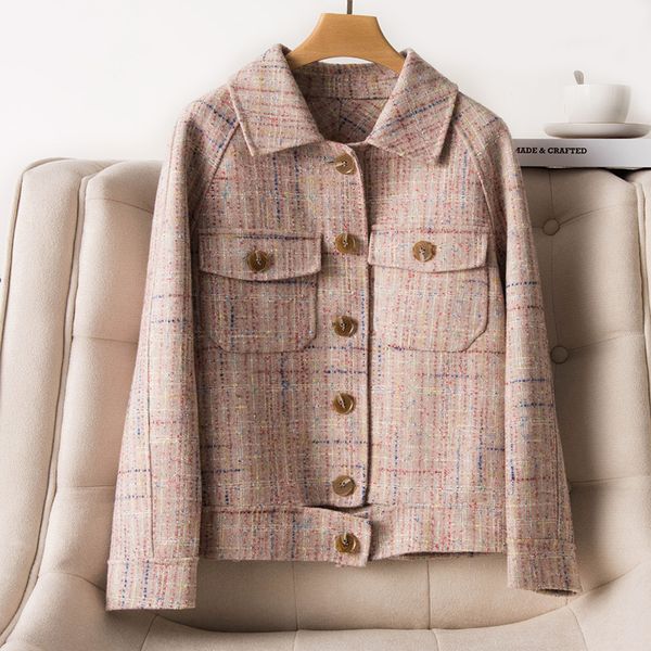 

beliarst 2019 new cardigan doll collar double cashmere coat woman short paragraph autumn and winter wool woolen plaid jacket, Black