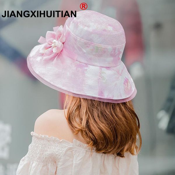 

pearl summer hats for women gradient color flowers sun hat visor cloth wide brim beach hat female lady panama cap chapeau femme, Blue;gray