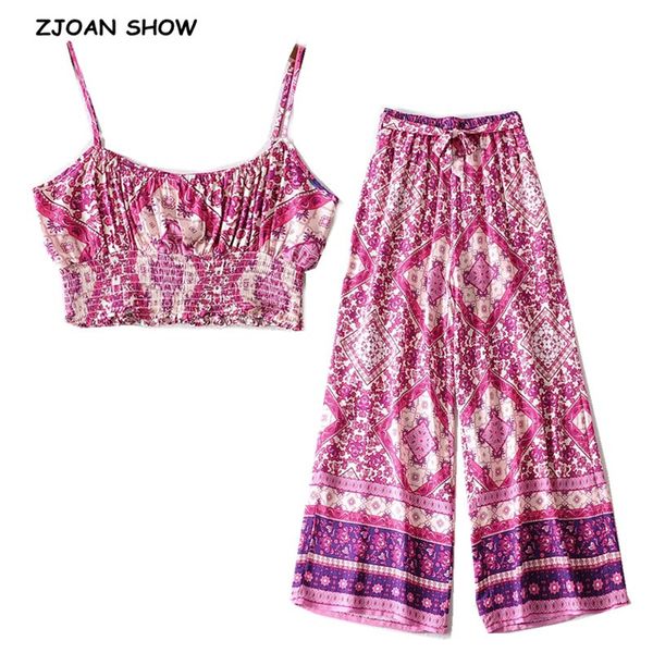 

2020 bohemia elastic hem geometric floral print bra tank crop women bow sashes wide leg pants ruched camis 2 pieces set, White