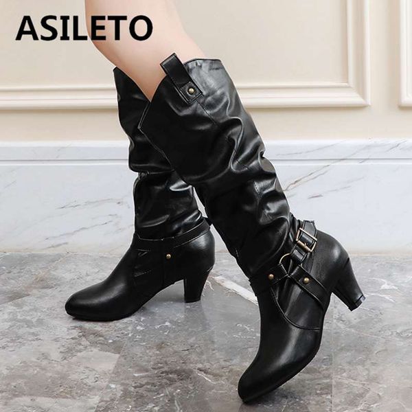 

asileto size 34-43 women western cowboy boots for ladies buckle zipper pleated retro botas footwear botas slouchy boots opening, Black