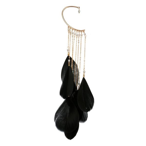 

boho natural feather dangle hoop earrings no piercing cuff ear clip for women, Golden;silver