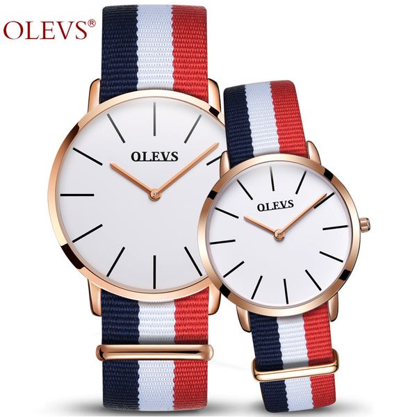 

olevs luxury fashion famous couples watches business style lovers men women waterproof nylon belt quartz charms wristwatches, Slivery;brown