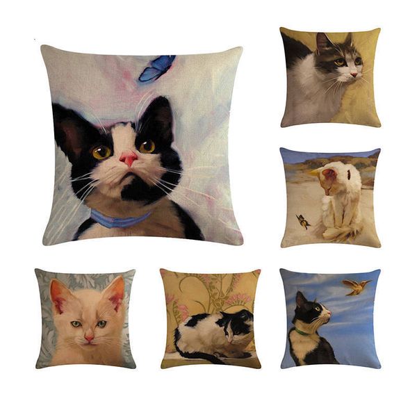 

new linen pillow cover black white hand painting yellow cute cat kitchen chair cushion cover home decorative pillow case zy304