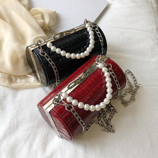 

2020 new women pearl grain cylinders pu messenger chain bag cylindrical handbags yellow/red/green/black