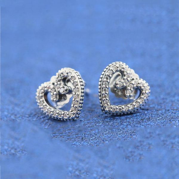 

new original box set cz diamond stud earring for pandora 925 sterling silver heart earrings women wedding gift jewelry, Golden;silver