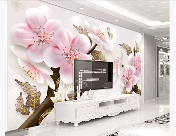 

custom p wallpaper for walls 3d three-dimensional embossed plum blossom pen flower bird tv background wall mural creative wall paper 3d