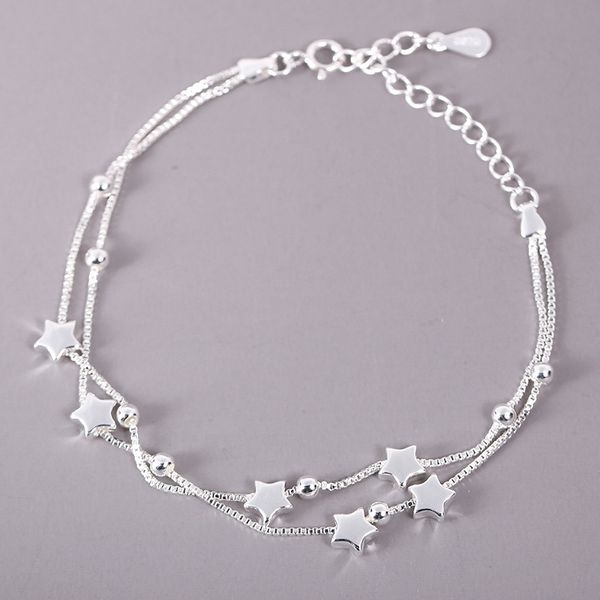 Bracciale da donna a cinque stelle in argento sterling 925 con catena di perline portafortuna con chiusura a bollo Braccialetti con ciondoli eleganti alla moda per ragazza