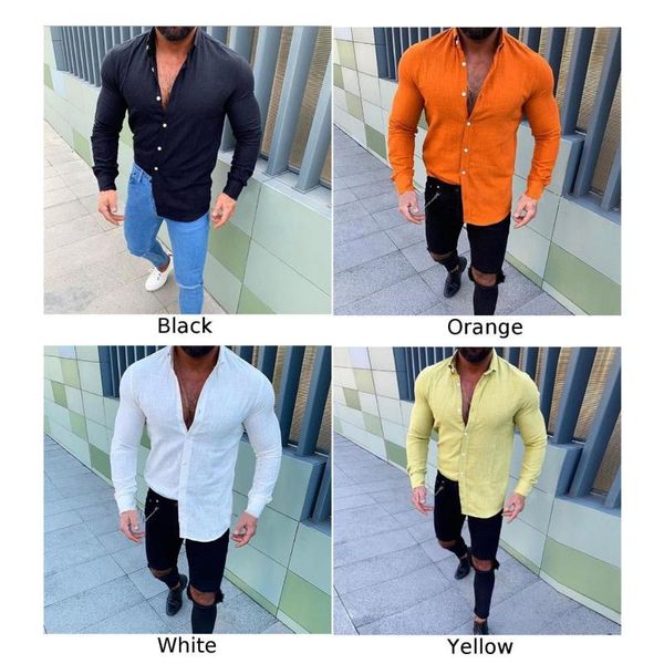 

men's casual slim new male lapel button-down shirt men turn-down collar long sleeve solid color plus size button, White;black