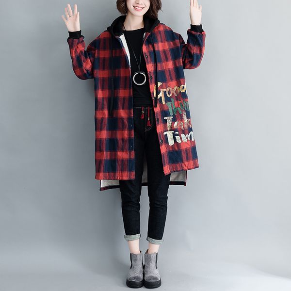 

2019 autumn and winter ladies plus hair thick red plaid cartoon print long section slim cotton coat, Black;white