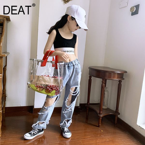 

deat] hole personality wide leg jeans new high elastic waist loose child trousers fashion tide spring autumn 2020 13p810, Blue