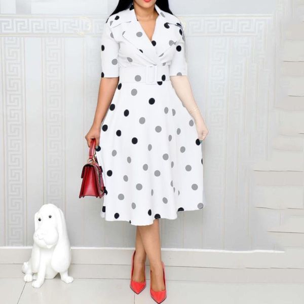 

elegant vintage office ladies african blue women midi dresses casual aline notched lapel polka dots print female fashion dress, White;black
