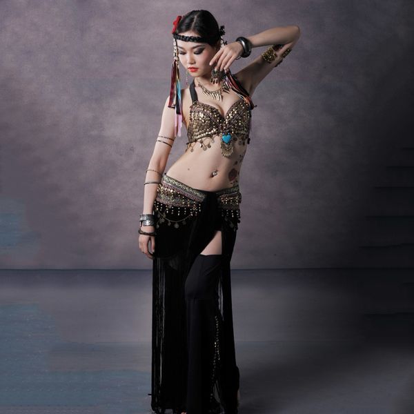 

tribal style belly dance costume 2 pics bra & skirt women hip scarf 34b/c 36b/c 38b/c cup bellydance outfit clothes 4 color, Black;red