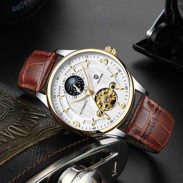 

tevise luminous waterproof automatic men mechanical watch fashion wrist watches sport male clock business wristwatch for men, Slivery;brown