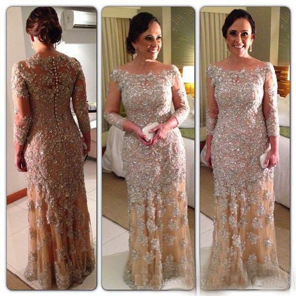 

2019 Scoop Neckline Mother Of The Bride Dresses With Applique Evening Gowns Back Covered Button Floor-Length Custom Made Formal Party Gowns