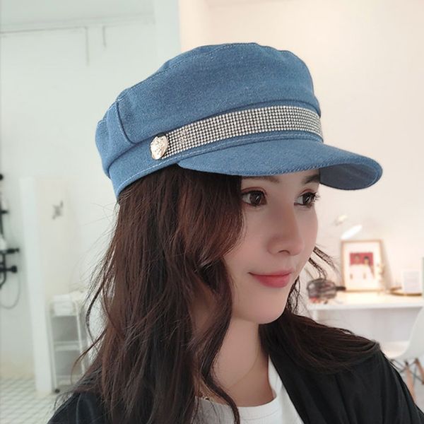 

women duckbill cap denim jean flat short brim bling bling rhinestone cool casual cowboy hat fashion caps, Blue;gray