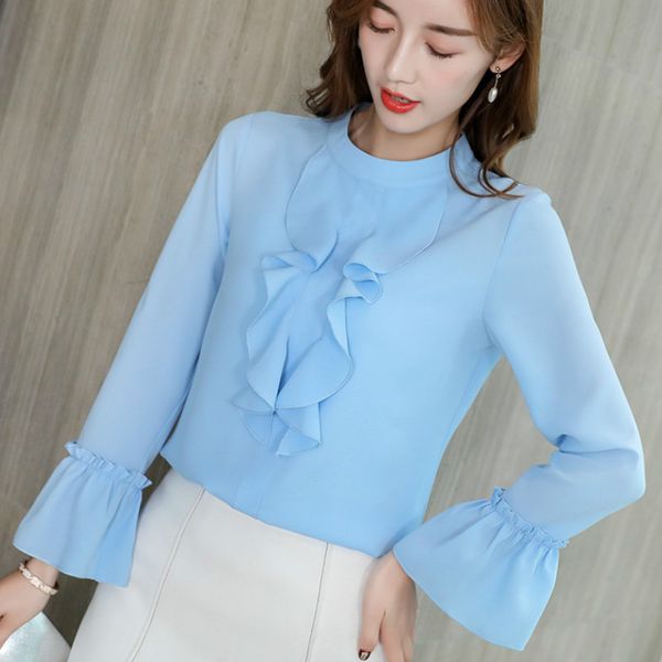 

2019 new korean long sleeve women's shirts casual bottom blouses spring summer blouses women slim chiffon shirt blue white