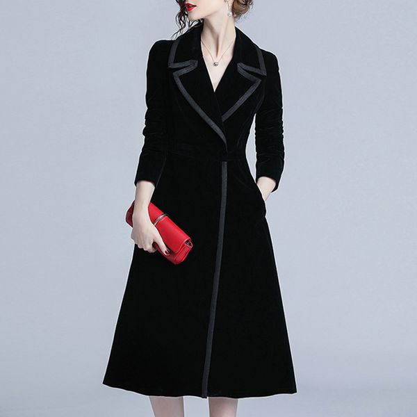 

new arrival women fashion comfortable velvet trench coat professional temperament solid girls warm outdoor long black trench, Tan;black